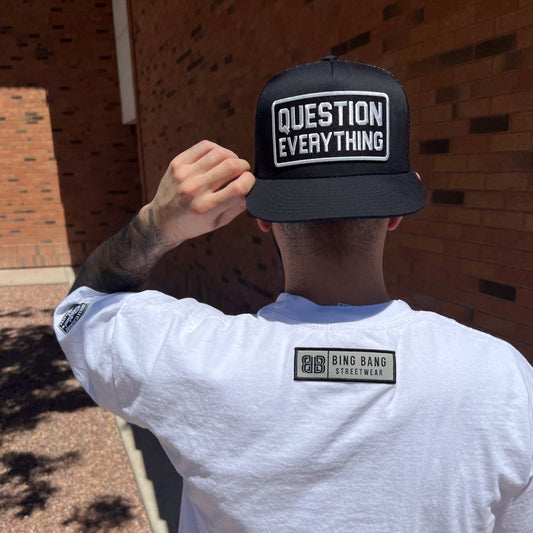 Question everything Black Trucker Cap